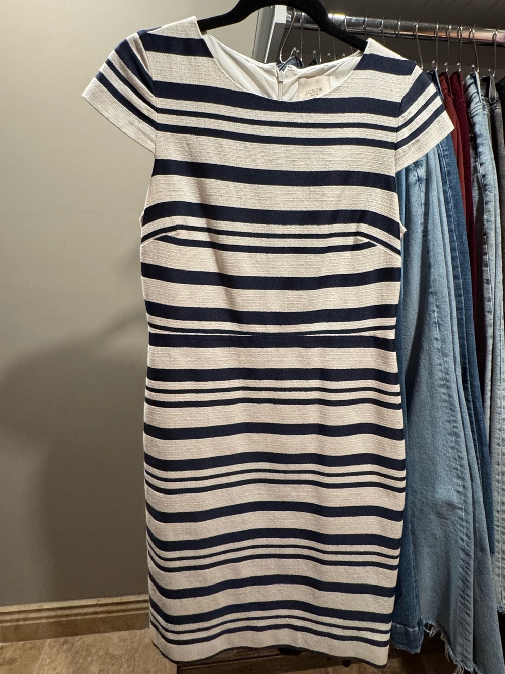 J. Crew Navy and White Striped Cap Sleeve Sheath Dress